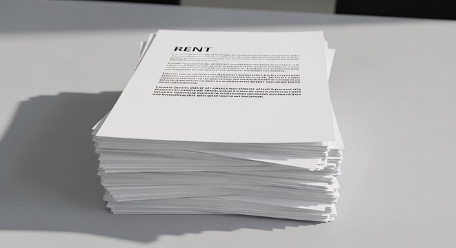 A stack of white papers with 'RENT' printed on the top document, likely a rental agreement or lease, on a light surface.