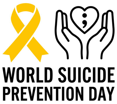 World suicide prevention day yellow ribbon with open hands holding semicolon heart symbol line vector illustration