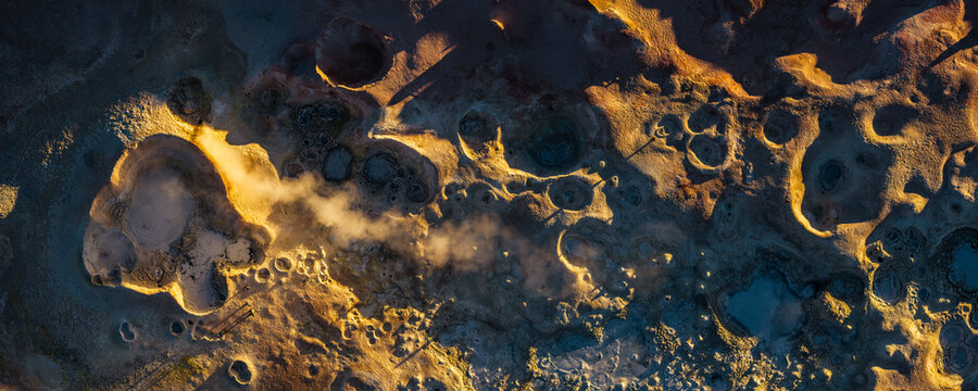 Aerial view of Sol de Manana geyser field in Bolivia