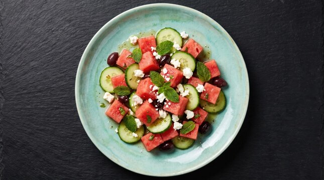 Fresh watermelon salad with cucumber, feta cheese, black olives, and mint leaves on a blue plate, top view, healthy summer food concept