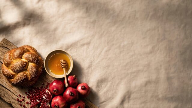 Challah bread, honey, and pomegranates on a rustic wooden board, Rosh Hashanah holiday celebration, traditional Jewish festive meal background for greeting cards