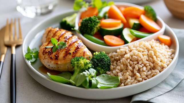 top view of a divided portion control plate with grilled chicken breast, brown rice and colorful steamed vegetables in bright even lighting, balanced nutrition concept, diet