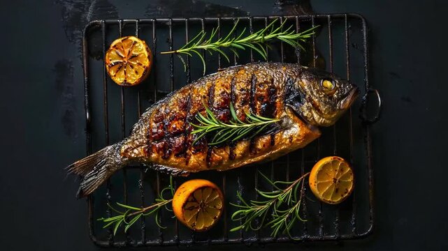Whole Grilled Fish with Lemon and Fresh Rosemary Herbs, 4K Video