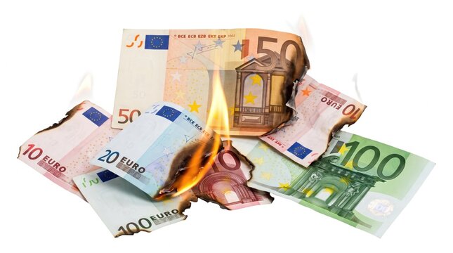 Burning euro banknotes isolated on white background