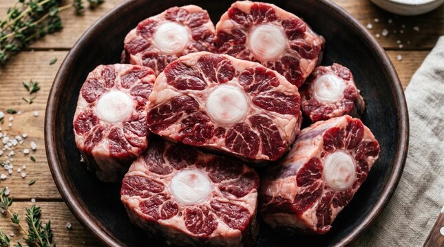 Raw beef oxtail pieces in a dark ceramic bowl on a rustic wooden table with fresh thyme sprigs