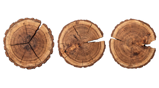 Three cross-sectional wood slices with rings and png on isolated transparent background