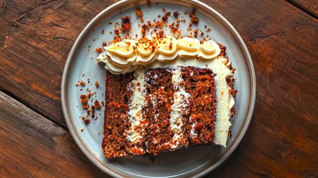 Slice of homemade chocolate cake with creamy frosting and cinnamon, 4K video.