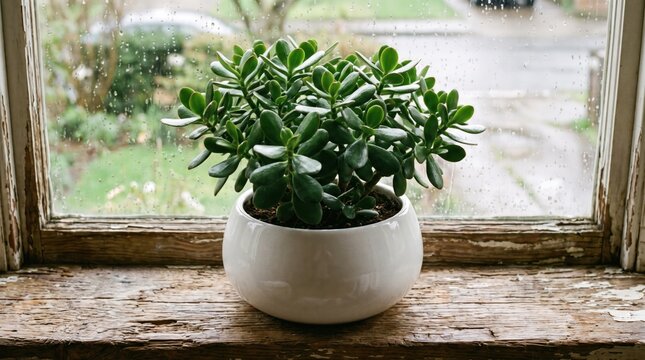 A healthy jade plant with vibrant green leaves sitting in a white ceramic pot on a rustic wooden windowsill, with a rainy window view in the background