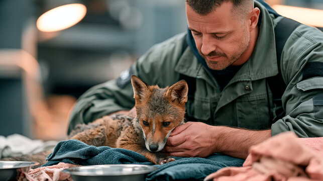 Wildlife rescuer caring for an injured fox during World Animal Day, highlighting animal welfare, rehabilitation and protection