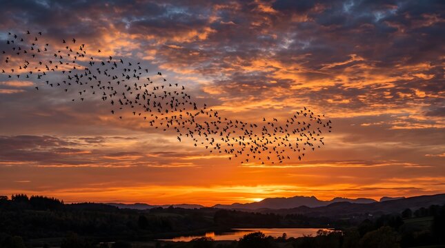 Breathtaking murmuration of starlings soaring in a mesmerizing dance, silhouetted against a vibrant sunset sky that paints the horizon with hues of orange and purple