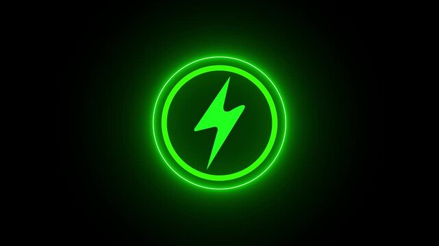 Neon glowing battery charging icon animation with neon circle on black background with alpha channel. Neon power button icon glowing colorful animation. green circle and charging icon.4k