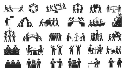 Obraz premium A set of icons related to teamwork, unity, leadership, success, and organizational development, using images of people and symbols to convey the power of collaboration. 30 icons.
