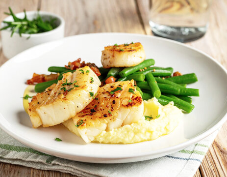 White cod fish, scallops, mashed potatoes, green beans, white plate. AI