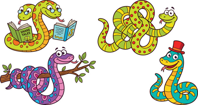 Cute Snake Cartoon Vector Set with Reading Serpents, Two-Headed Cobra Characters, and Colorful Reptile Mascot Illustrations for Children Books