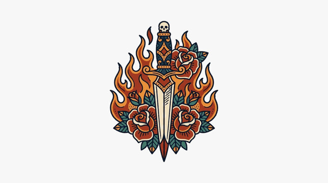 Old school traditional tattoo style illustration of a sharp dagger with a skull on the hilt, surrounded by blooming red roses and vibrant orange fire flames on a white background.