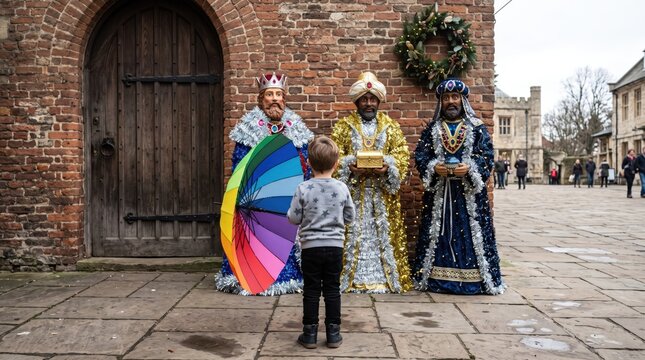 A young boy standing in front of three lifesized statues of the three wise men, holding a colorful rainbow umbrella in a historic courtyard setting