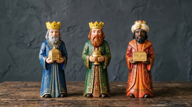 Three wise men figurines representing the biblical magi, each holding a gift of gold, frankincense, and myrrh, standing on a rustic wooden surface against a dark textured background