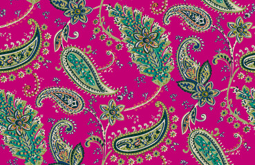 Seamless repeating pattern with paisley motifs placed at different angles, balanced by smaller floral elements and filler © Venkatsai