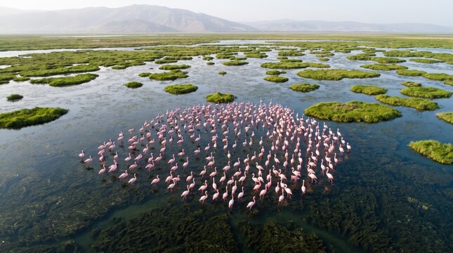 Aerial view of a large flock of pink flamingos wading in a shallow, marshy wetland with green grassy islands and distant mountains under a soft morning sky