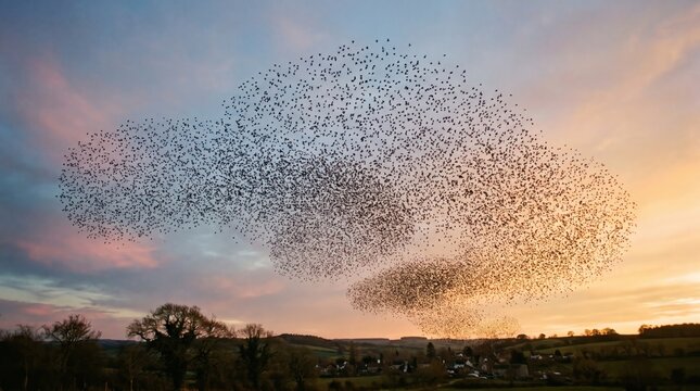 A massive murmuration of starlings flying in a dense, swirling cloud formation across a vibrant sunset sky over a rural landscape in the english countryside