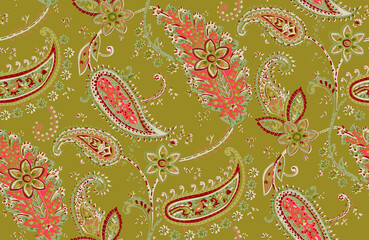 Seamless repeating pattern with paisley motifs placed at different angles, balanced by smaller floral elements and filler © Venkatsai