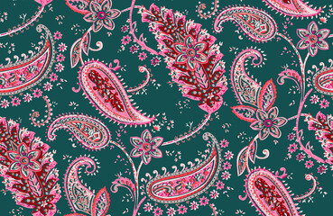 Seamless repeating pattern with paisley motifs placed at different angles, balanced by smaller floral elements and filler © Venkatsai