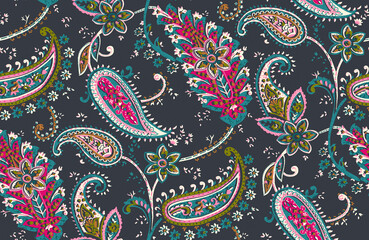 Seamless repeating pattern with paisley motifs placed at different angles, balanced by smaller floral elements and filler © Venkatsai
