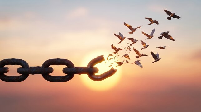 Broken metal chain link transforming into a flock of flying birds against a warm sunset sky, representing freedom, liberation, and breaking free from constraints
