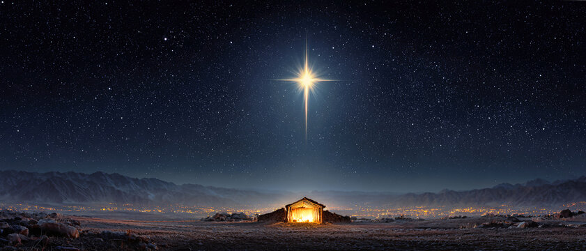 Bright light of the Star of Bethlehem illuminates a rustic mange