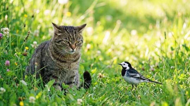 A focused tabby cat sitting in a lush green meadow, intently watching a small white wagtail bird standing nearby in the grass on a sunny day