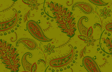 Seamless repeating pattern with paisley motifs placed at different angles, balanced by smaller floral elements and filler © Venkatsai