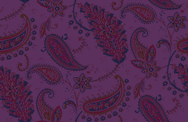 Seamless repeating pattern with paisley motifs placed at different angles, balanced by smaller floral elements and filler © Venkatsai