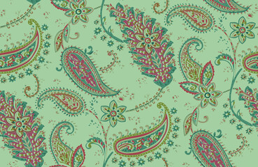 Seamless repeating pattern with paisley motifs placed at different angles, balanced by smaller floral elements and filler © Venkatsai