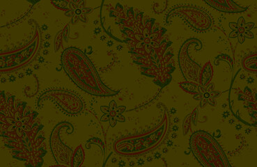 Seamless repeating pattern with paisley motifs placed at different angles, balanced by smaller floral elements and filler © Venkatsai