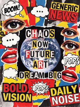 Chaotic retro pop art collage with torn paper typography, comic book elements, and planet earth