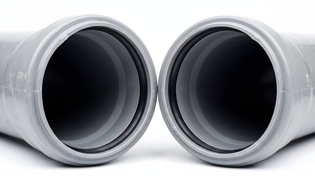 Close up view of two grey plastic plumbing pipes with rubber seals.