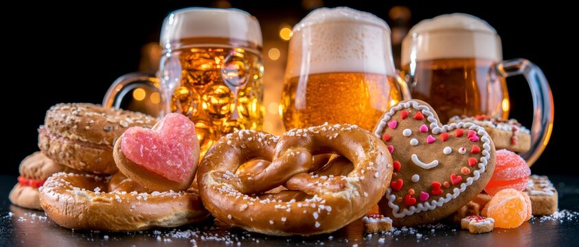 Beer and traditional snacks arranged on dark background
