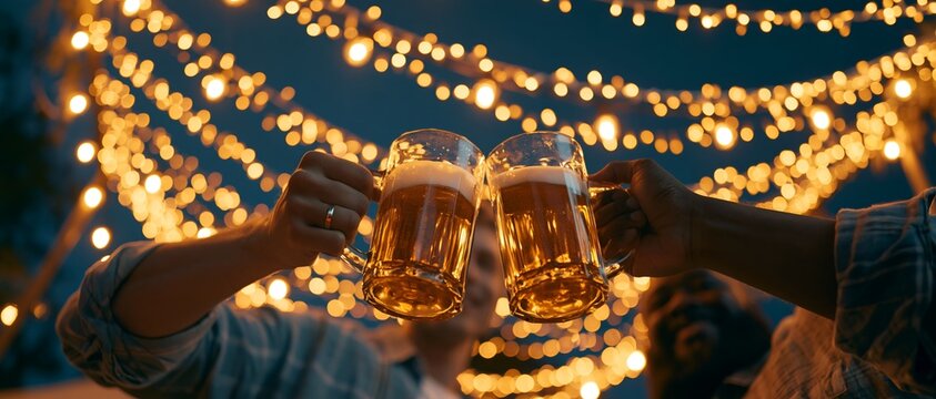 Clinking beer glasses outdoors, glowing lights in background