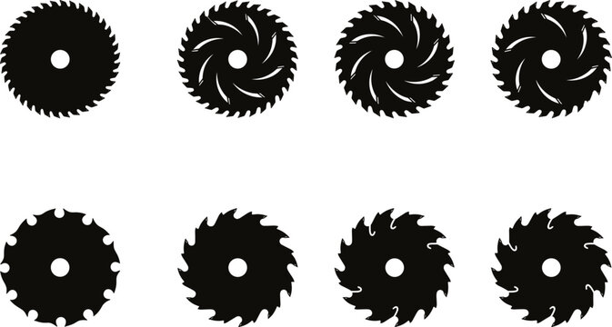 Collection of circular saw blade silhouettes with varied teeth patterns for woodworking, cutting tools, and industrial design concepts