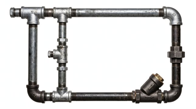 Rectangular frame constructed from weathered steel industrial piping.