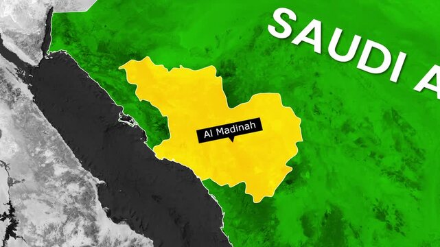 Al Madinah region highlighted on Saudi Arabia map digital motion footage