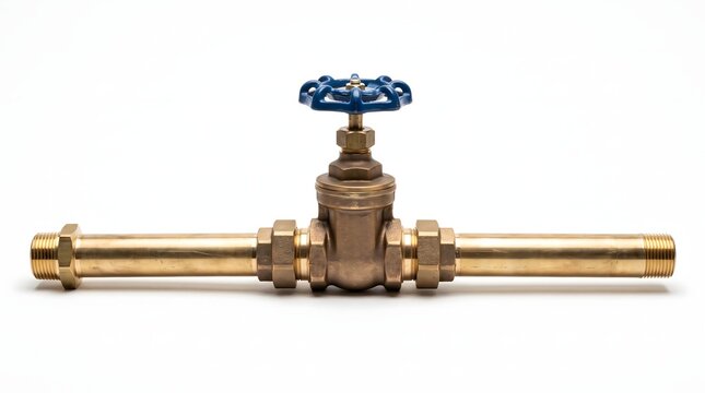 Brass gate valve with blue handle connected to pipes for fluid control.