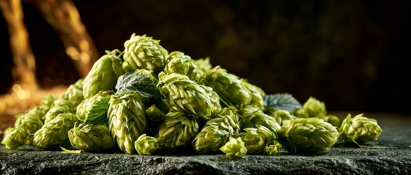Close-up of vibrant hop flowers resting on rough stone