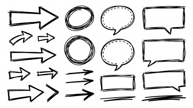 Set of hand drawn sketch arrows circles speech bubbles with speech bubble