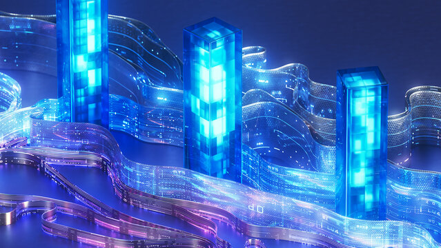 Glowing Data Cubes in Digital Ribbon Landscape