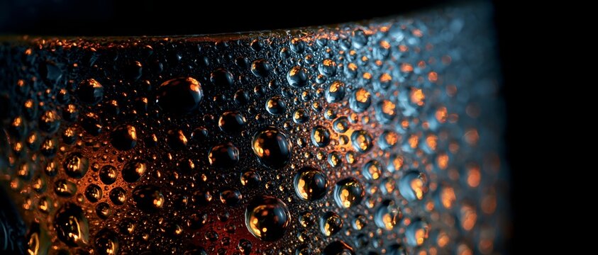 Droplets cling to a cold glass surface under warm, directional lighting