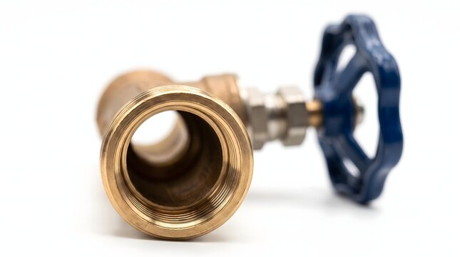 Brass gate valve plumbing fitting isolated on clean white background.