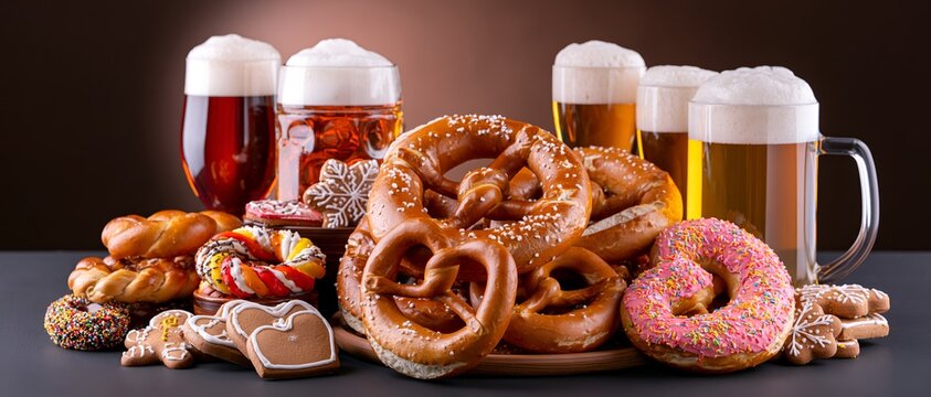 German-style snacks like pretzels and donuts paired with frothy beer