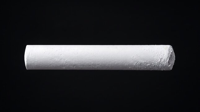 A single piece of white cylindrical chalk positioned horizontally against a plain black background used for school writing or artistic drawing
