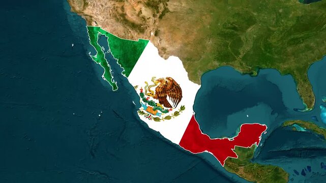 Mexico map national flag animation motion graphic overlaying satellite imagery